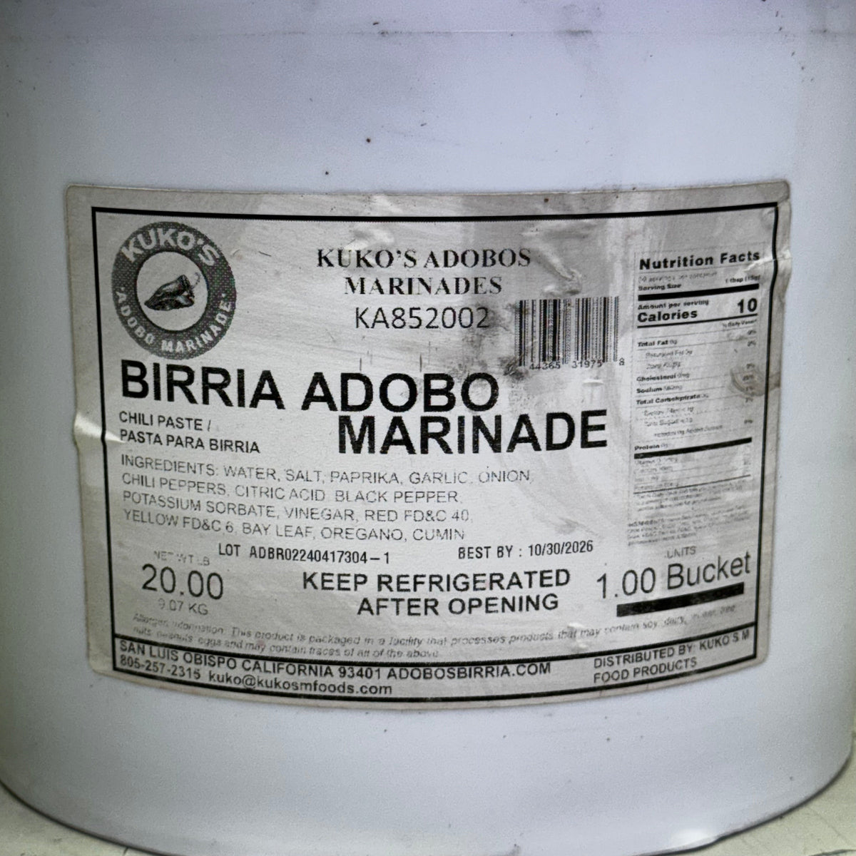 KUKO'S Birria Adobo Marinade 20 LBS Red KA852002 (New Other, Distressed Container) BB 10/26