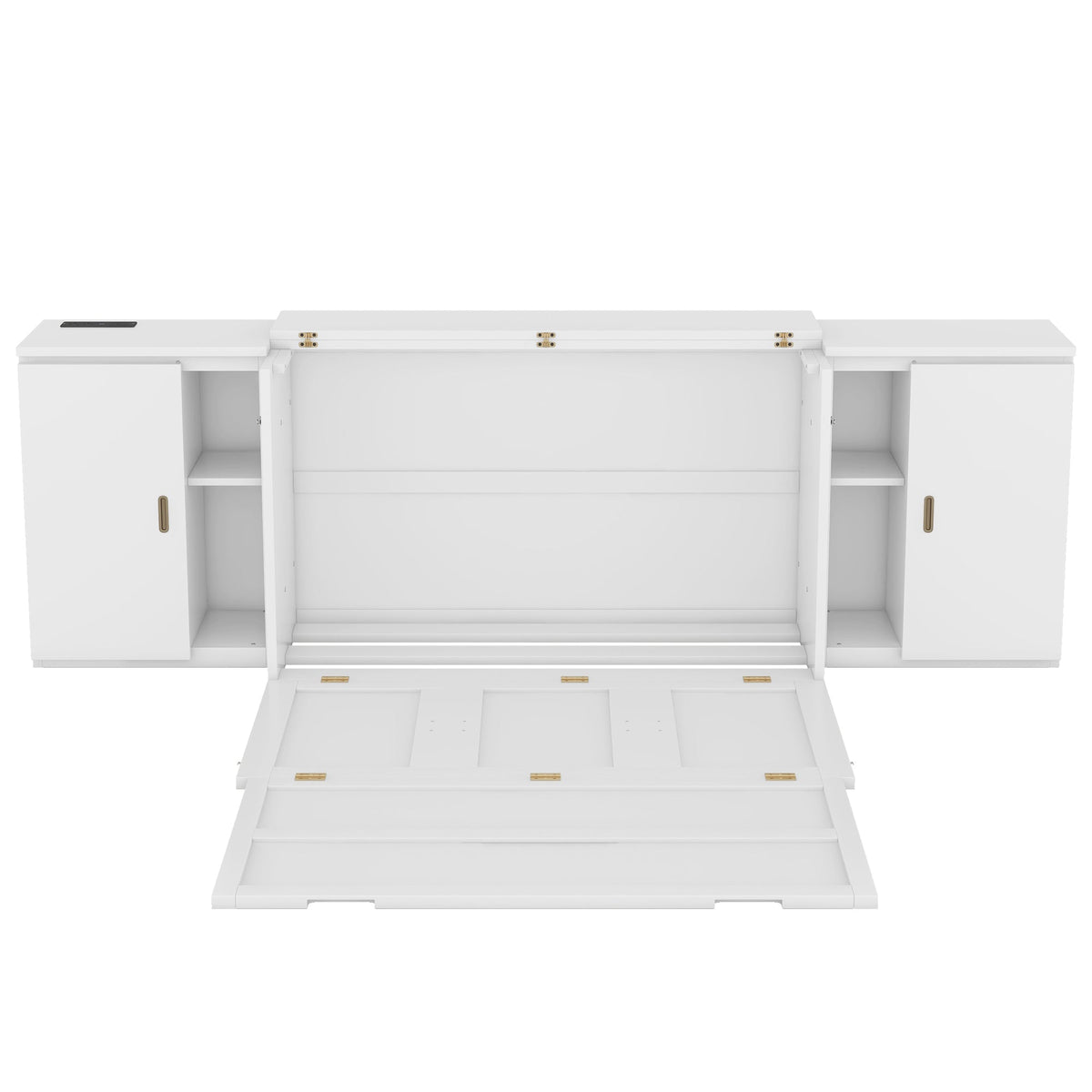 Full Size Murphy Bed with Shelves, Cabinets and USB Ports,White