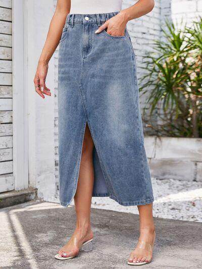 Slit Midi Denim Skirt with Pockets for Stylish Women