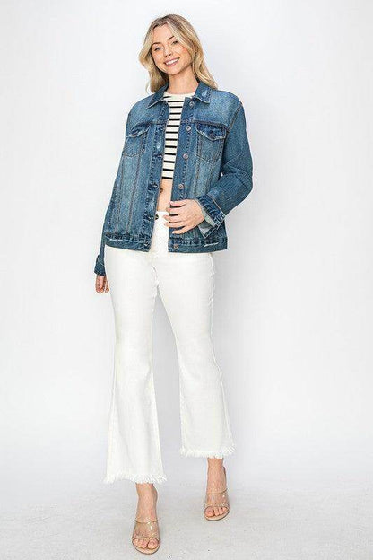 RISEN Full Size Distressed Button Up Jacket for Women