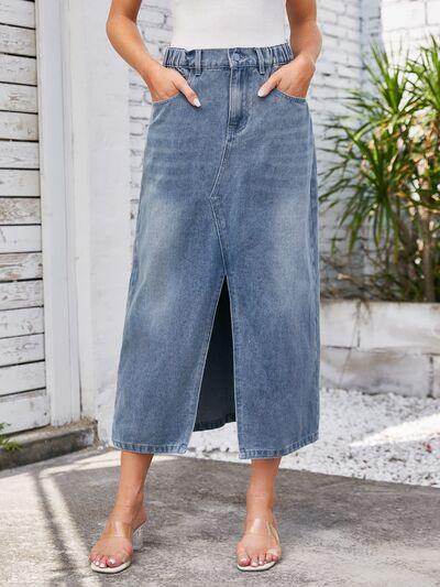 Slit Midi Denim Skirt with Pockets for Stylish Women