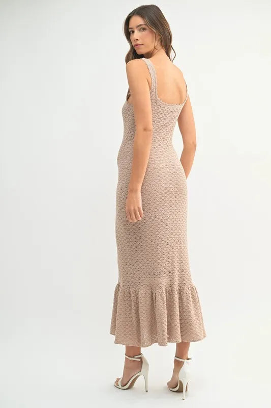 MABLE Ruffled Hem Sleeveless Crochet Knit Midi Dress