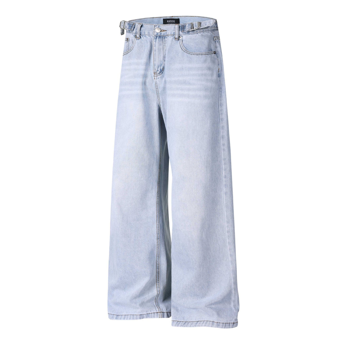Retro Washed Distressed Jeans With A Waistband Buckle And Elastic Unisex