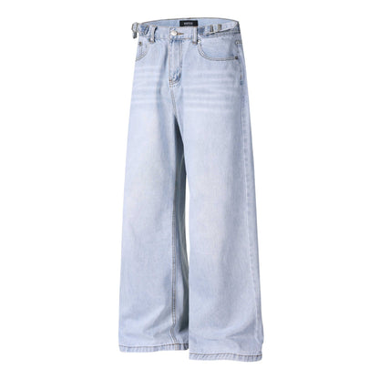 Retro Washed Distressed Jeans With A Waistband Buckle And Elastic Unisex