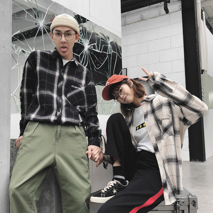 Lazy Style Ins Plaid Shirt Couple Wear Autumn Inch