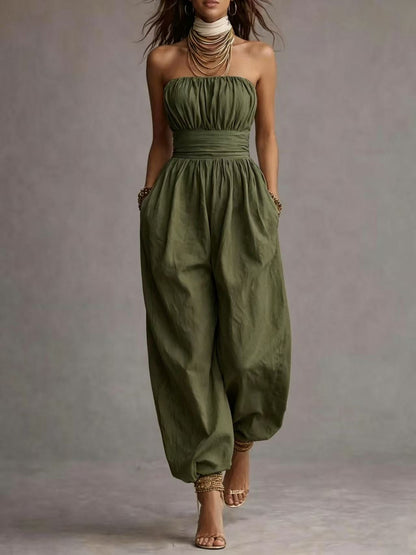 Linen-cotton Strapless Balloon-leg Jumpsuit