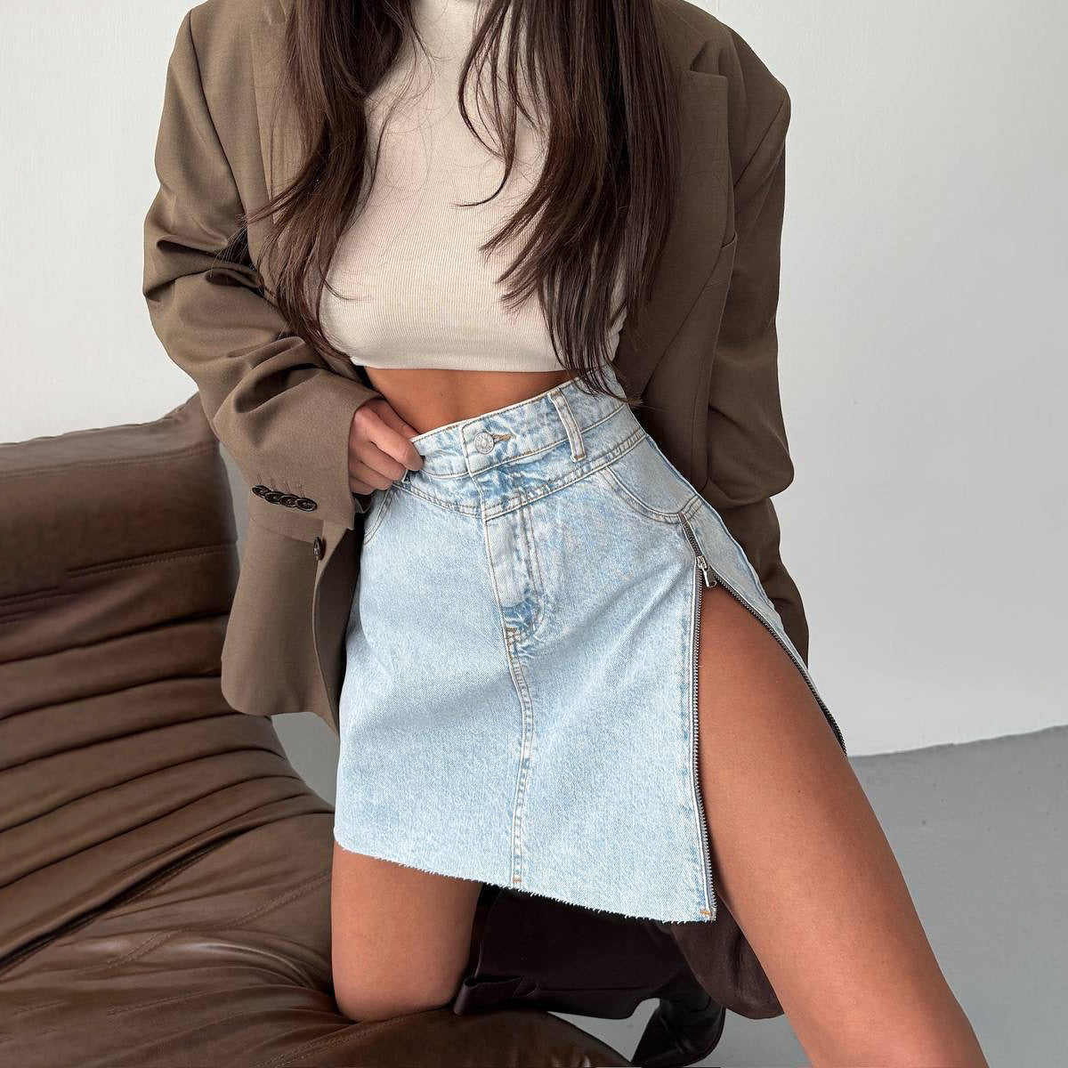 Design Zipper Split Denim Skirt Women