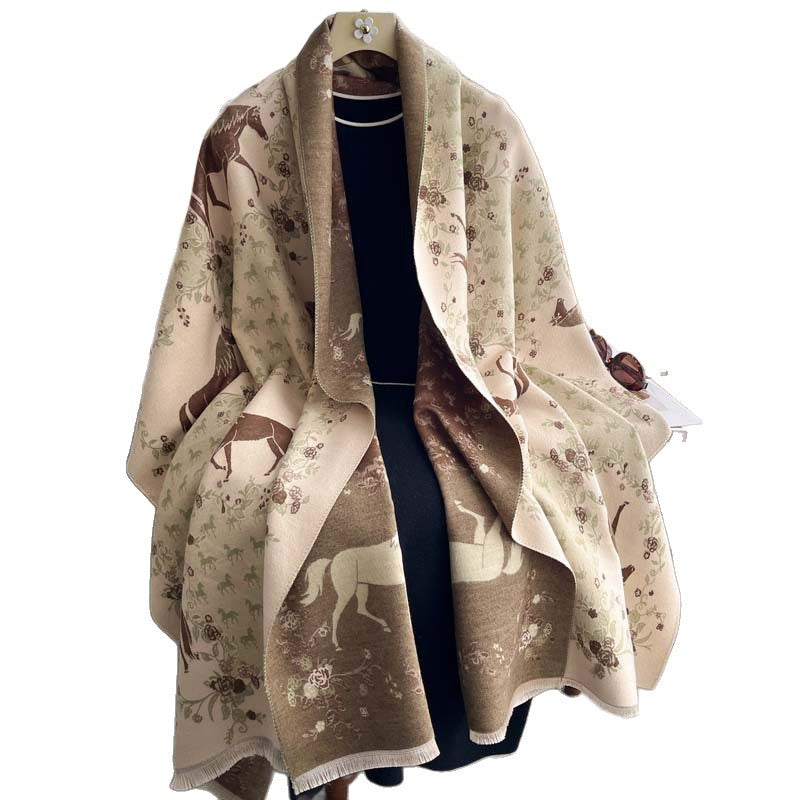 Vintage Floral And Galloping Horse Jacquard Tassel Scarf