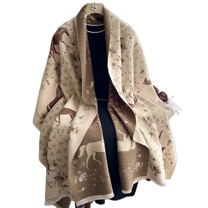 Vintage Floral And Galloping Horse Jacquard Tassel Scarf