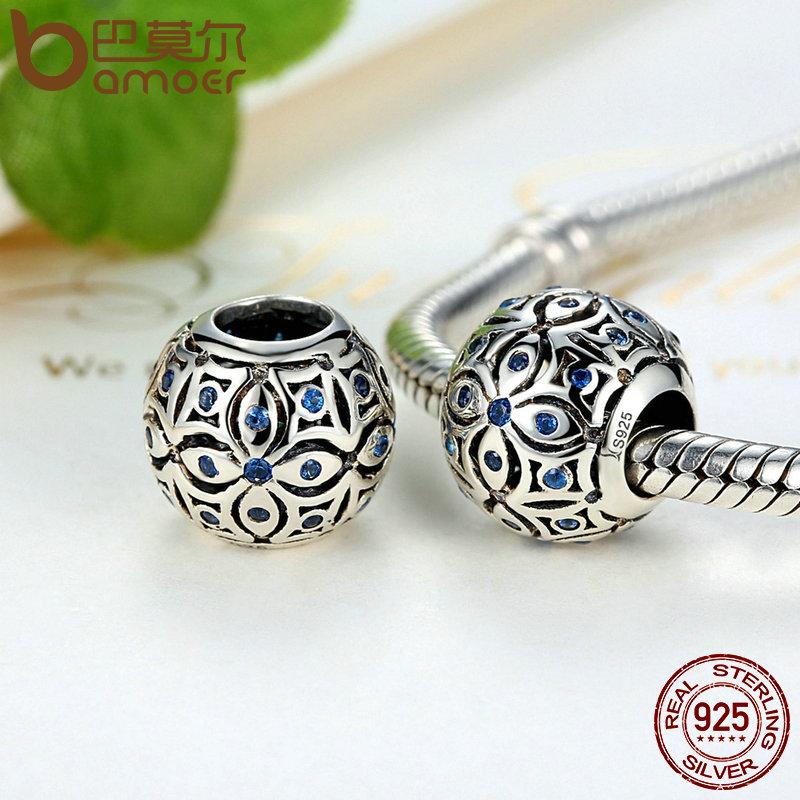 BAMOER 925 Sterling Silver Charms With Blue Crystals Bead Charm fit Bracelets Bangles SCC059