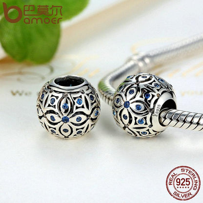 BAMOER 925 Sterling Silver Charms With Blue Crystals Bead Charm fit Bracelets Bangles SCC059