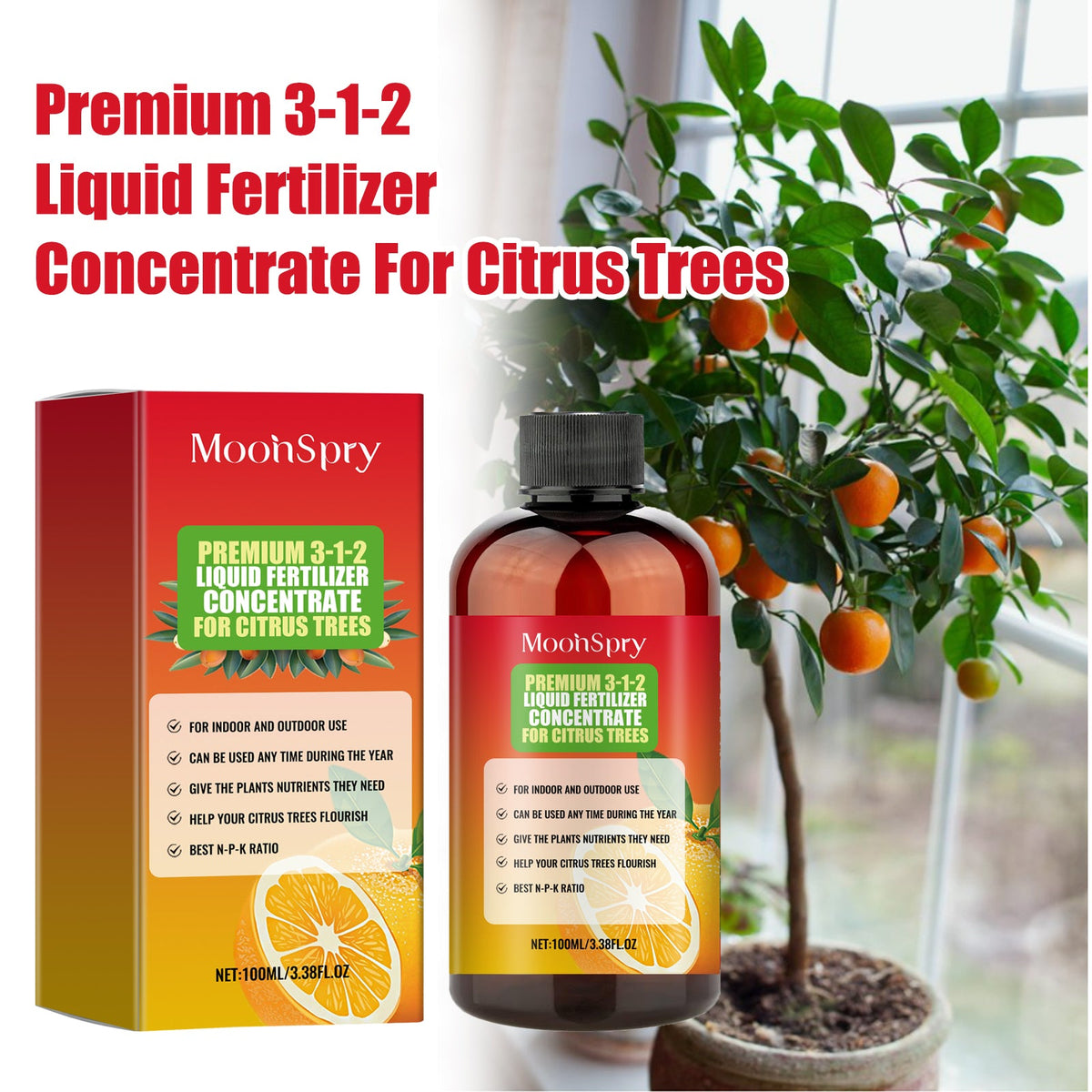 Premium 3-1-2 Liquid Fertilizer Concentrate For Citrus Trees, Orange Fruit Tree Plant Root Green Leaf Beauty Fruit Growth Nutrient Solution