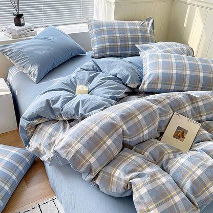 Cotton Dyed Washed Cotton Bedding Set Pure Cotton A Class Flat Sheet Quilt Cover Fitted Sheet Quilt Cover Three-Piece Set Striped