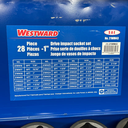 WESTWARD Impact Socket Set 1" Drive, 27 Piece (7/8 to 3-1/2") Black 21WM43