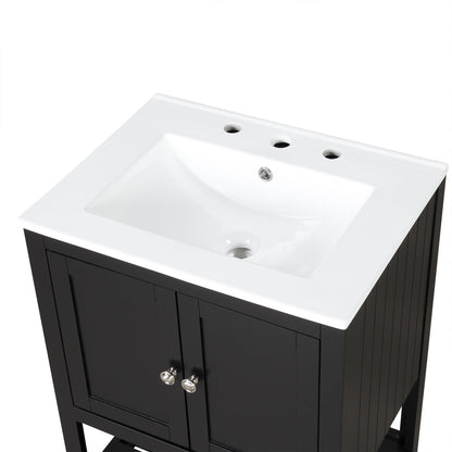 24" Black Modern Sleek Bathroom Vanity Elegant Ceramic Sink with Solid Wood Frame Open Style Shelf