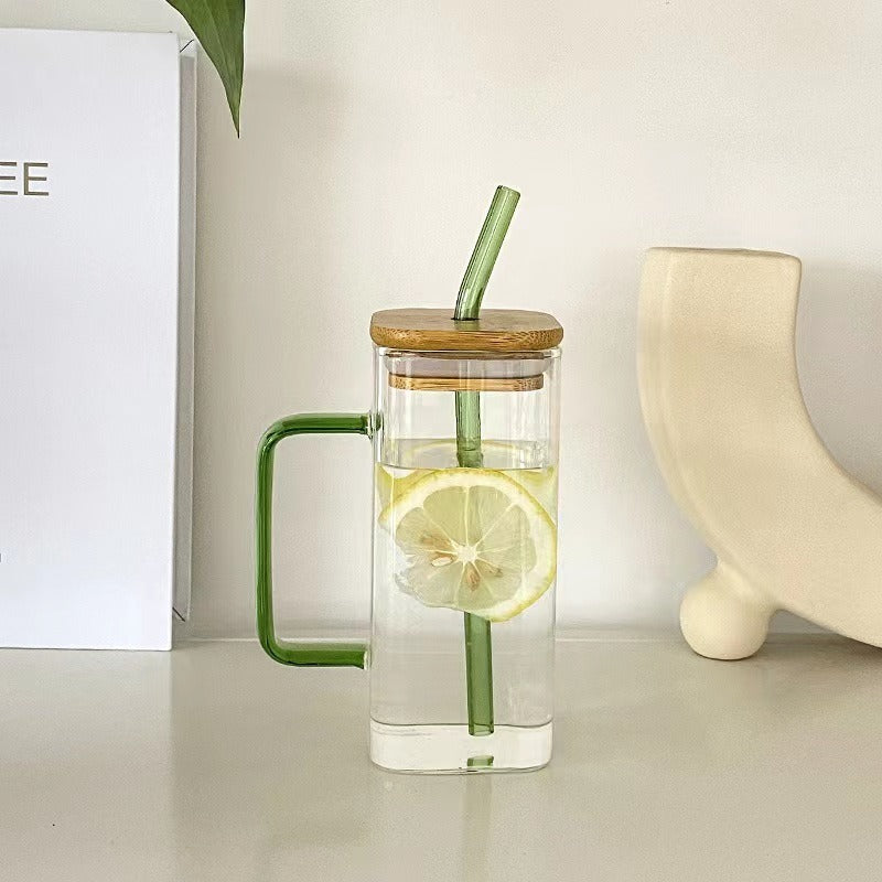 Square colored handle cup glass straw cup with lid milk tea cup with large capacity