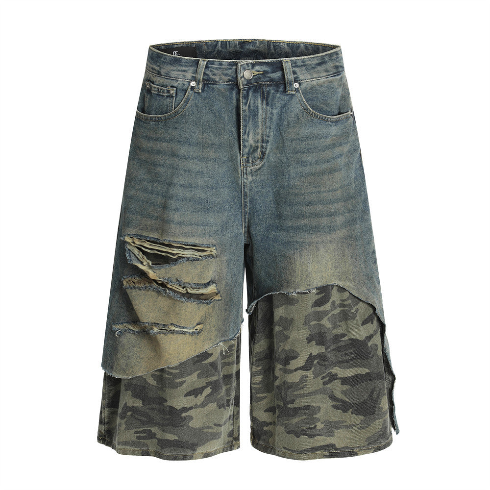 Post-Apocalyptic Style Distressed Patchwork Camouflage Seven-Quarter Denim Pants Men's Summer Fake Two-Piece Washed Frayed Hem Shorts