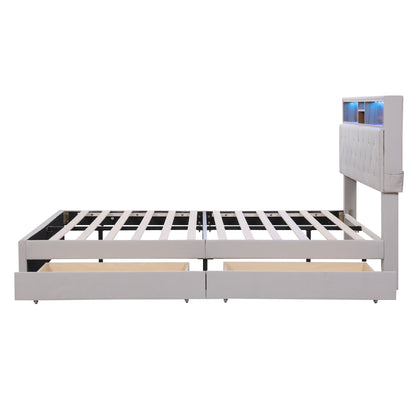 Queen Size Upholstered Platform Bed with Storage Headboard  LED  USB Charging and 2 Drawers  Beige