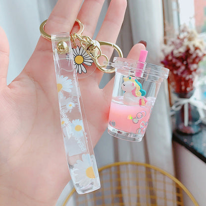 Glitter Quicksand Key Chain Liquid Floating Unicorn Keyring Keychain Bag Charm Milk Tea Cup Pendant Keyfob Gift for Women