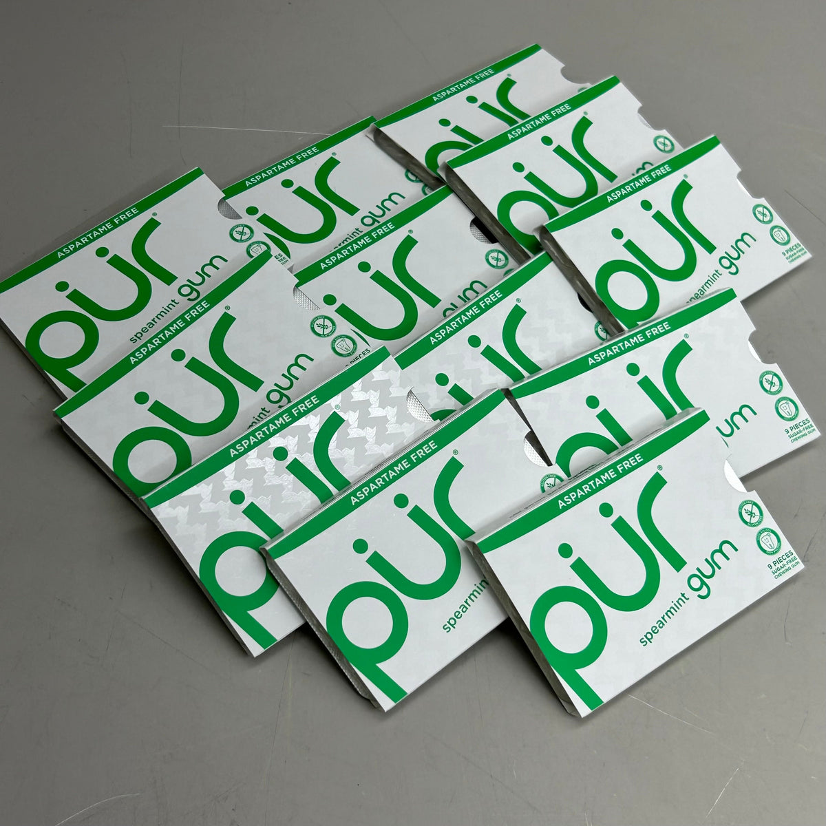PUR (12 PACK, 9 PCS Each) Sugar Free Spearmint Aspartame Free Chewing Gum