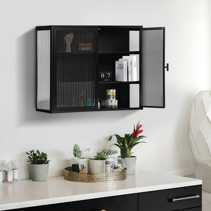 27.56"Glass Doors Modern Two-door Wall Cabinet with Featuring Three-tier Black