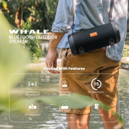 WHALE Portable Bluetooth Outdoor Speaker with Shoulder Strap – IPX7 Waterproof Wireless Sound System