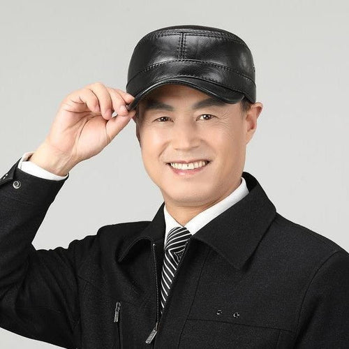 Leather Hat for Men Warm Flat Top Ear Protection