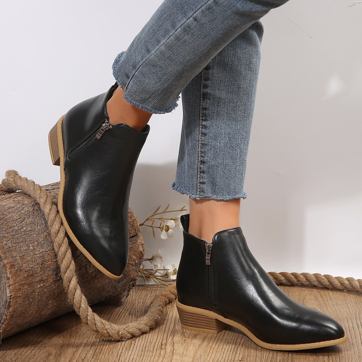 Womens Side-zip Martin-style Short Chunky-heel Boots
