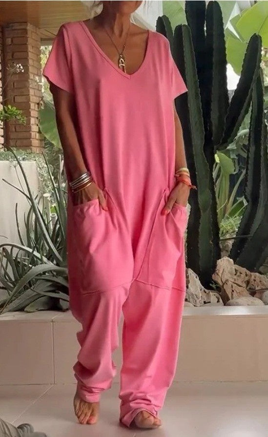 Oversized V-neck Pocket Jumpsuit