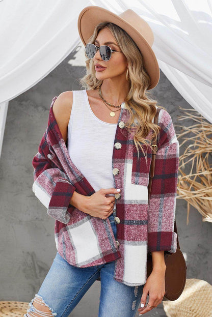 Plaid Button Up Dropped Shoulder Jacket for Women Stylish
