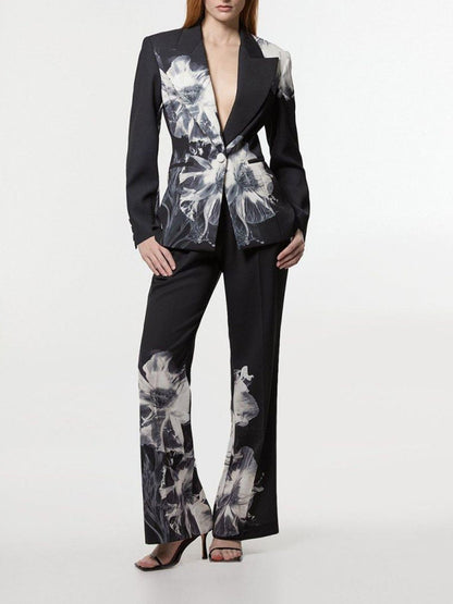 Ink Floral Print Blazer & Flared Trousers Two-Piece Suit