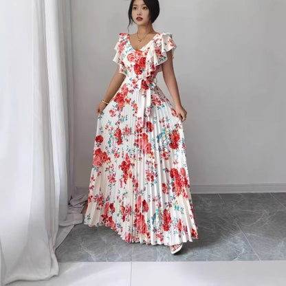 Women's V-neck Printed Ruffle A-line Dress