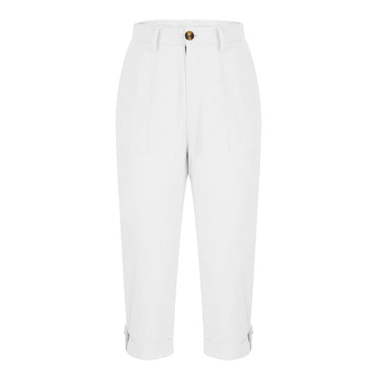 Womens Solid-color Buttoned Roll-up Capri Pants