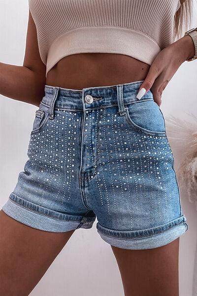 Rhinestone High Waist Denim Shorts for Stylish Summer Wear