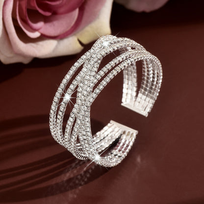 Eco-friendly Full Zircon Cross C Shape Wide Open Elastic Bangle Statement Women Wrist Jewelry For Banquet Party Occasions