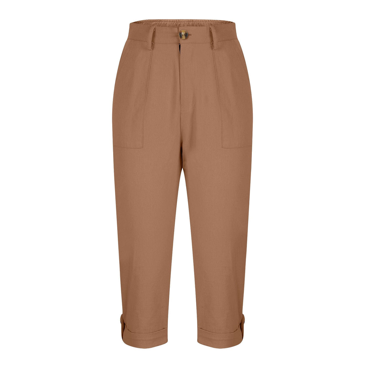 Womens Solid-color Buttoned Roll-up Capri Pants