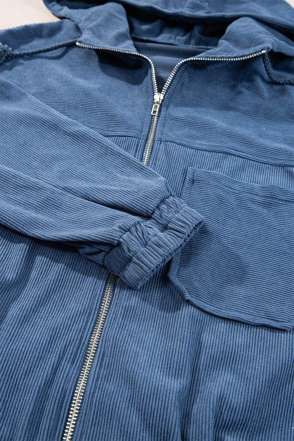 Corduroy Zip Up Long Sleeve Hooded Jacket for Women