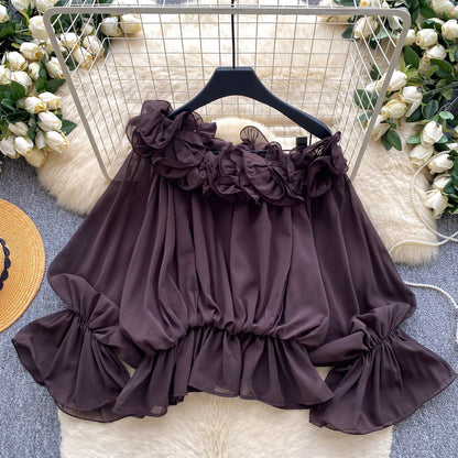 Womens Solid-color Off-shoulder Chiffon Blouse With Ruffled Trim