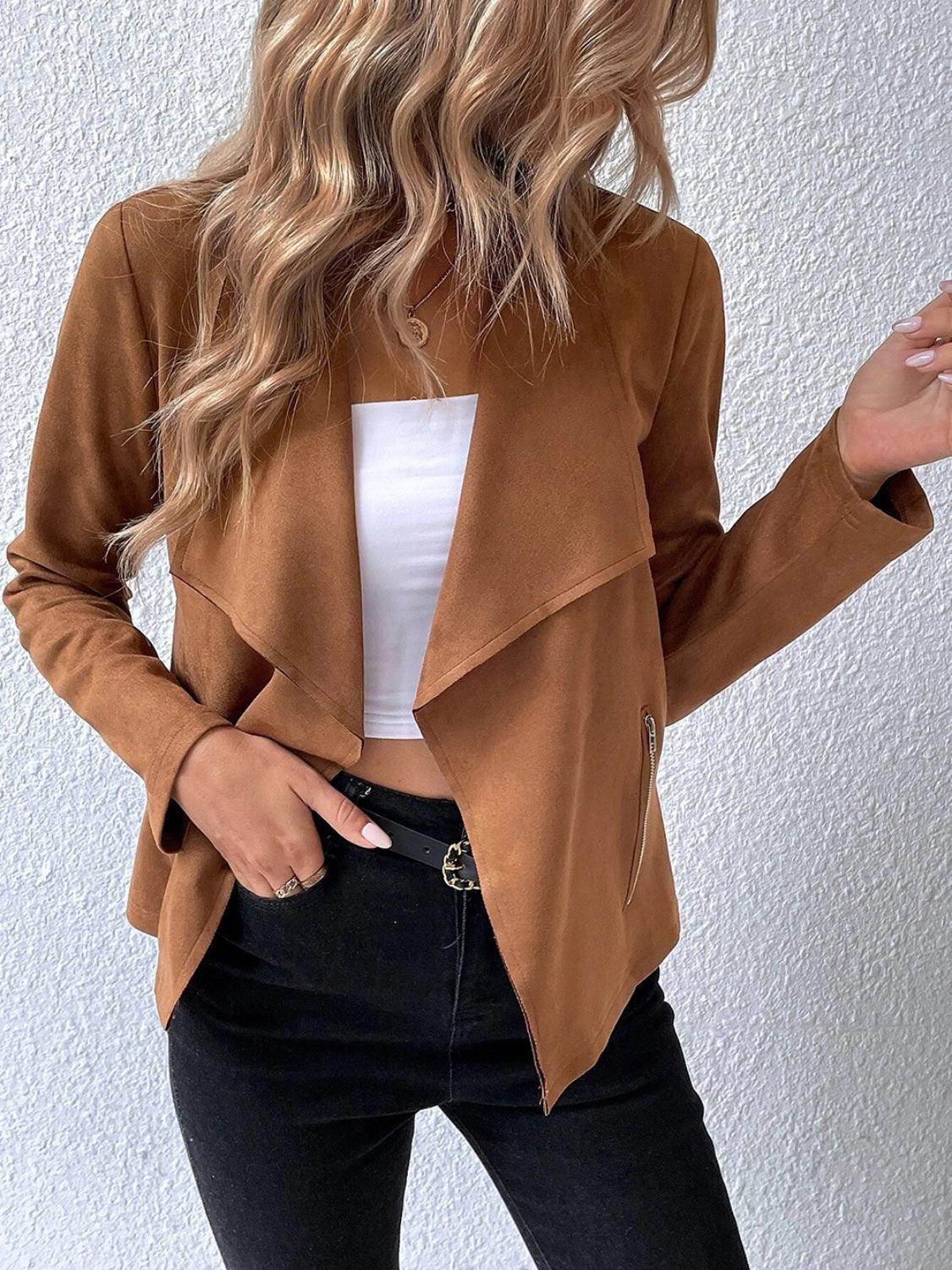 Collared Neck Long Sleeve Jacket for Everyday Wear