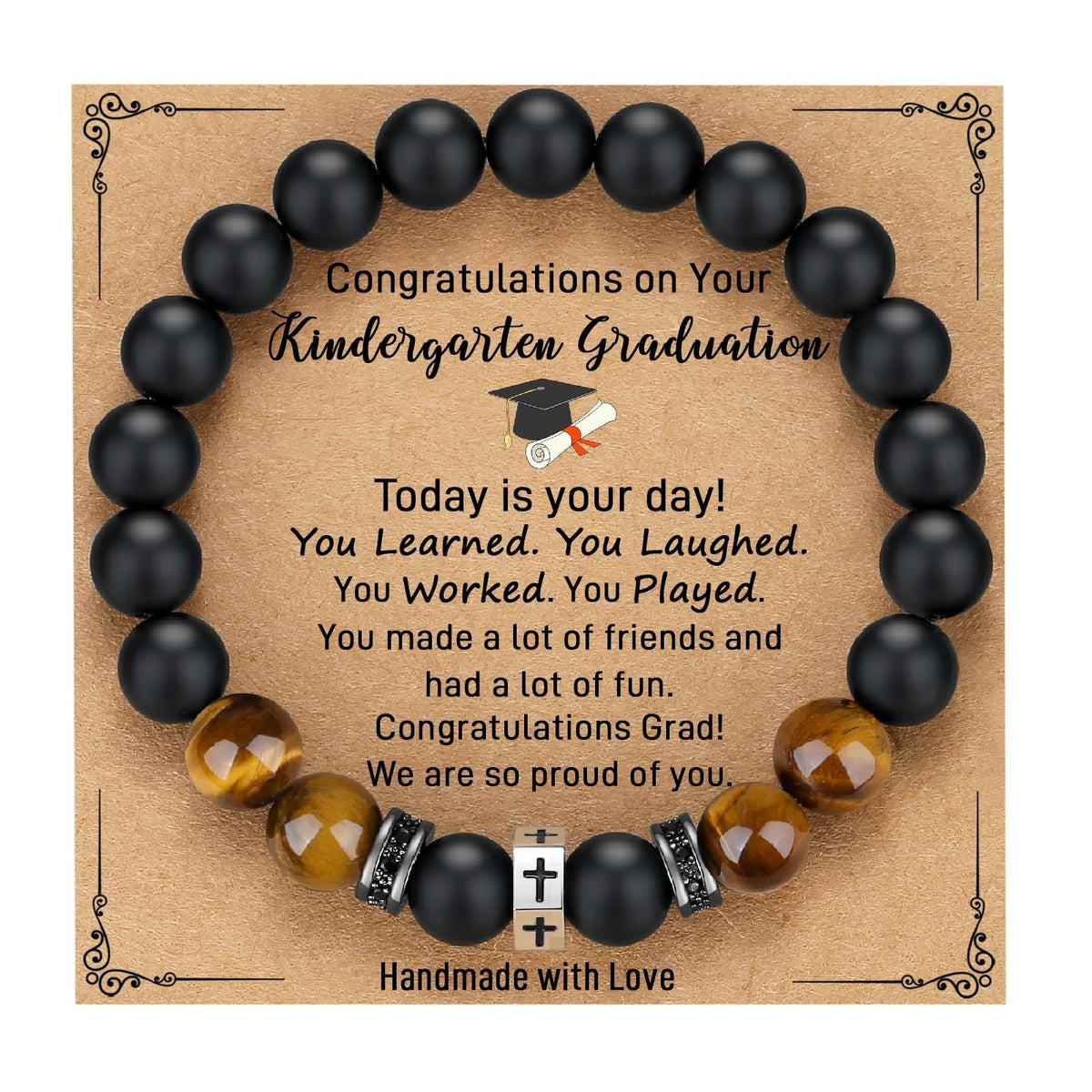 Tigers Eye Stone And Stainless Steel Cross Beaded Bracelet