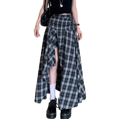 French-style Asymmetrical Black-and-white Plaid Skirt