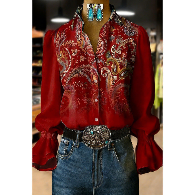 Women's Lace-trimmed Long-sleeve Collared Blouse