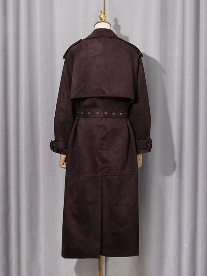 Double-Breasted Suede Long Trench Coat With Belt