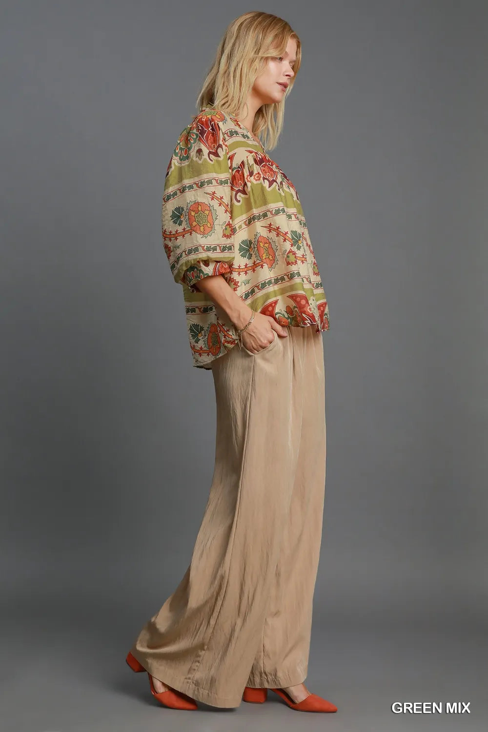 Umgee Full Size Border Print Notched 3/4 Puff Sleeve Blouse Plus Size