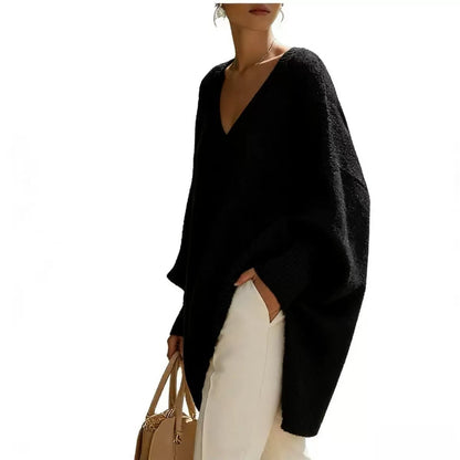 Women's V Neck Oversized Knit Sweater, Long Sleeve Solid Color Lazy Style Loose Asymmetric Hem Pullover Top For Spring Daily Wear
