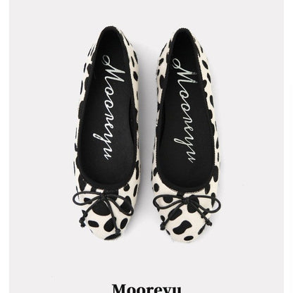 Women Spring Autumn Elevated 3cm Vintage Horsehair Leopard Polka Dot Classic Round Toe Bow Low Cut Pumps