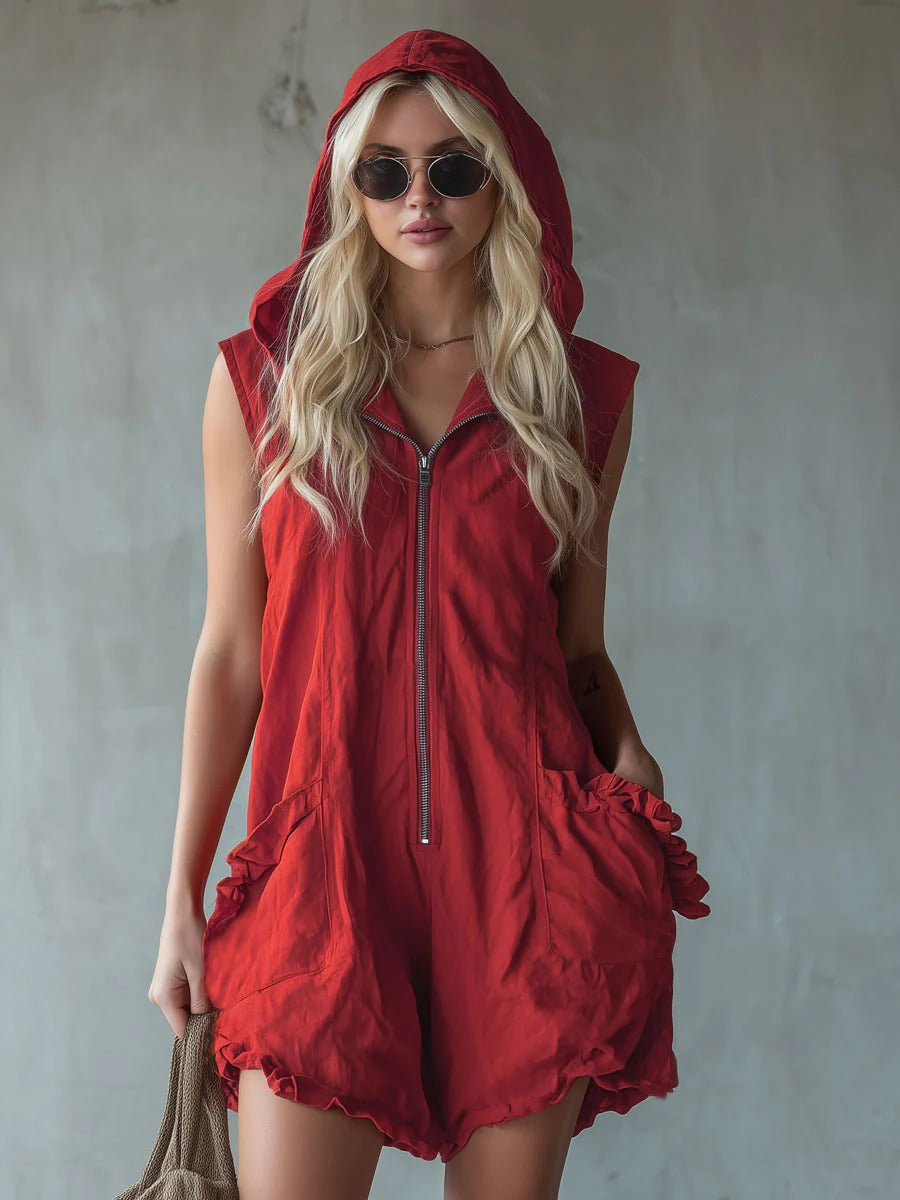 Vintage Style Hooded Zip-up Sleeveless Faux Linen Jumpsuit
