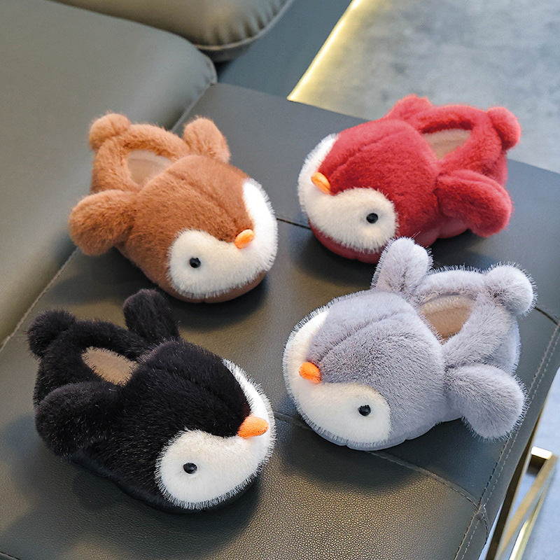 Warm Fleece-lined Fluffy Penguin Cotton Slippers For Boys And Girls