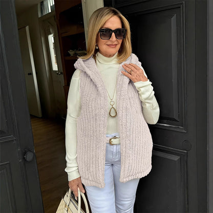 Women's Solid-Color Casual Fuzzy Hooded Vest Sleeveless Jacket