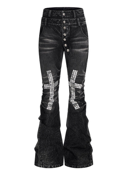 Mens Cross-Design Rhinestone-Embellished Double-Waist Button Denim Jeans